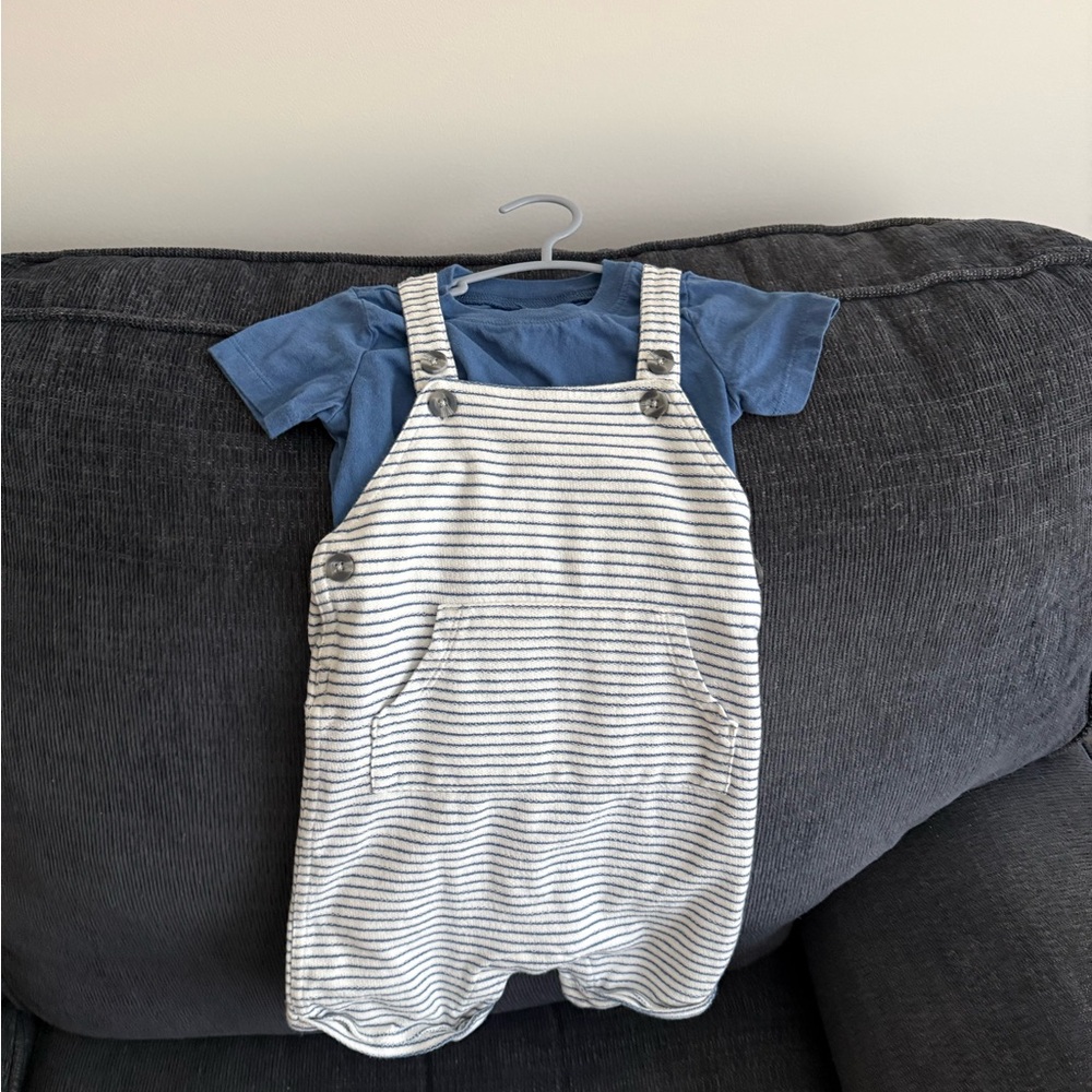 Carter's White Striped Overalls with Blue Tee